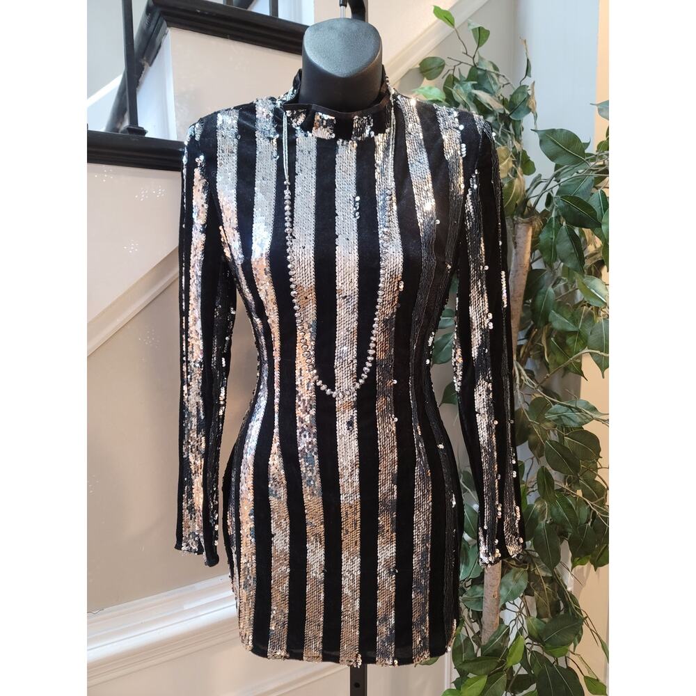 Missguided Petite Sequin Mini Dress US2 Black Silver Long Sleeve Party Cocktail